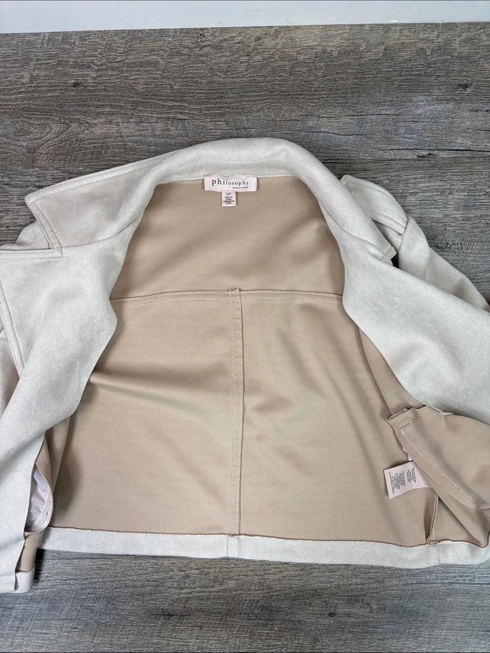 Philosophy Republic Clothing Faux Suede Moto Jacket Beige Cropped Open Front S